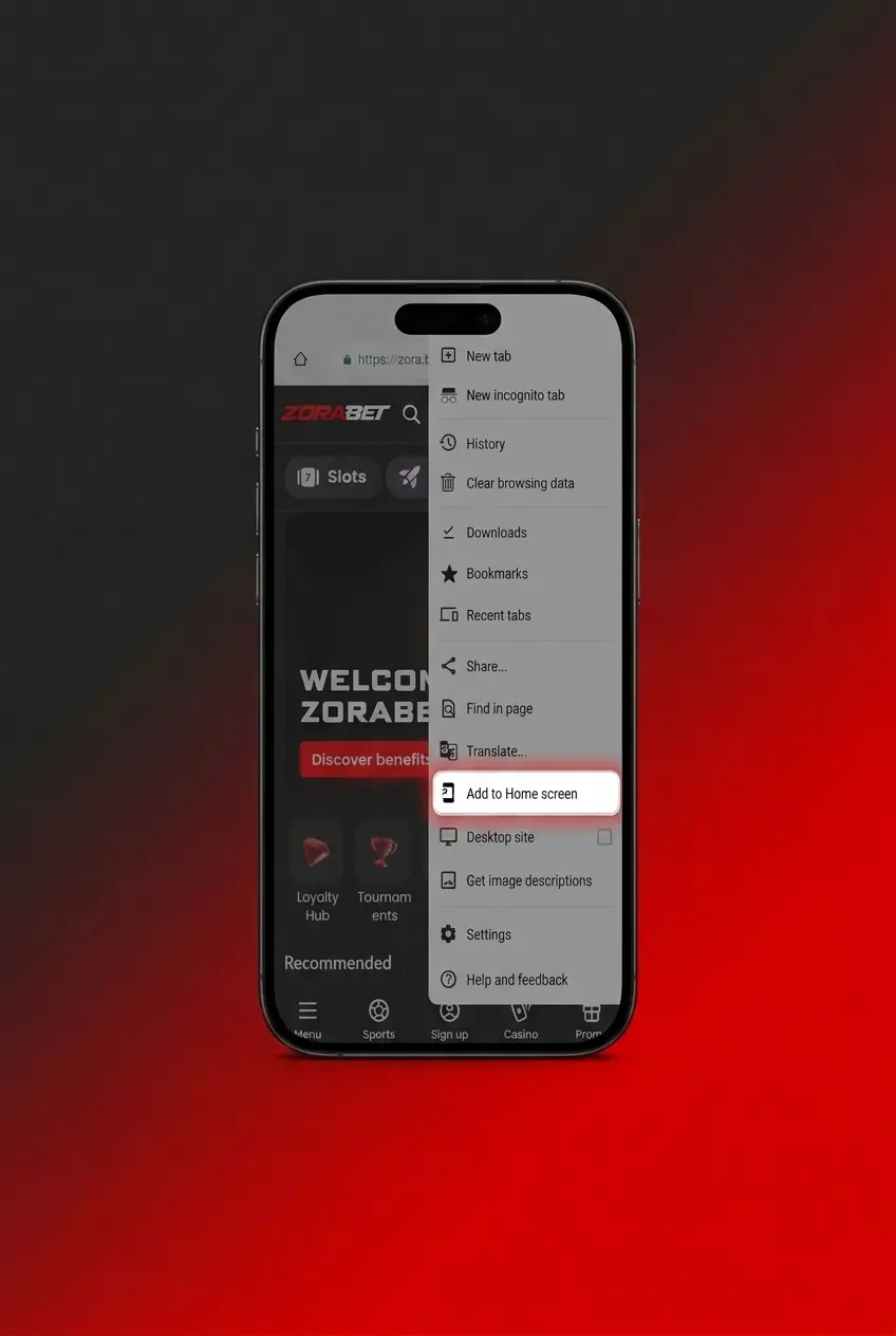 ZoraBet PWA installation steps on Android showing browser menu and Add to Home Screen option