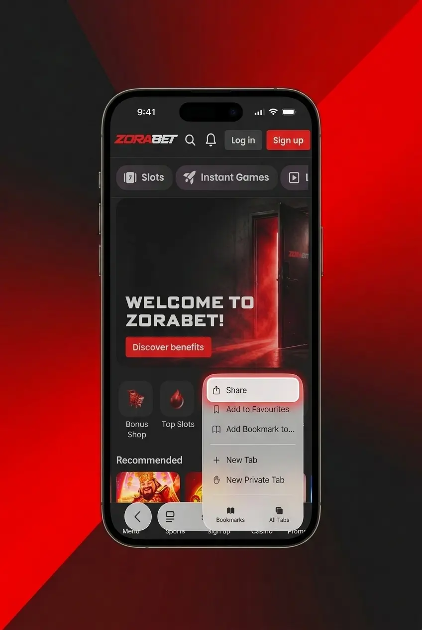 ZoraBet PWA installation on iPhone iPad showing Safari Share menu Add to Home Screen steps iOS 14