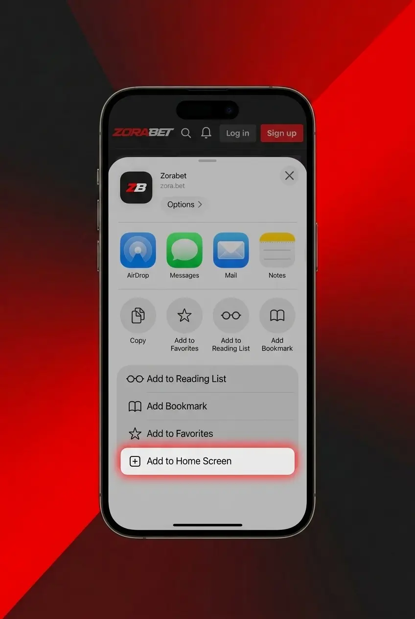 ZoraBet PWA installation steps on iPhone showing Safari Share menu and Add to Home Screen option for iOS 14+