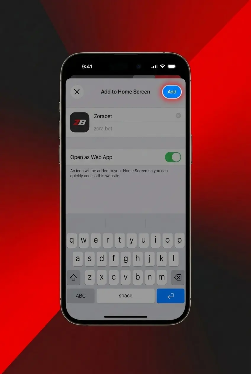 ZoraBet PWA installation on iPhone iPad showing Safari Share menu Add to Home Screen steps iOS 14