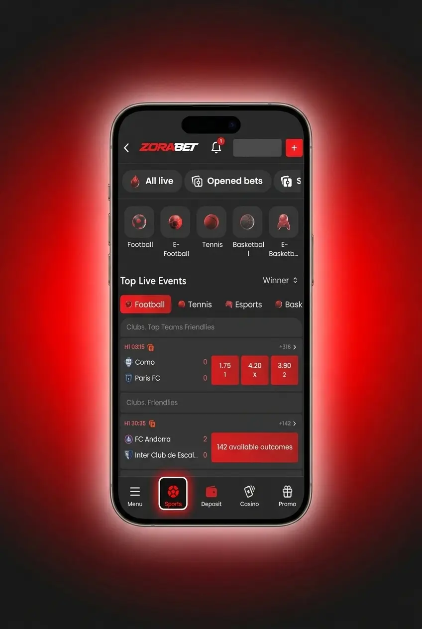 ZoraBet mobile app bet slip showing sports selection, stake entry, and Place Bet confirmation screen