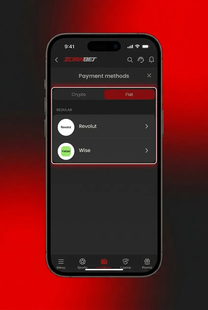 ZoraBet withdrawal process showing cashier section steps including KYC verification and payment method selection